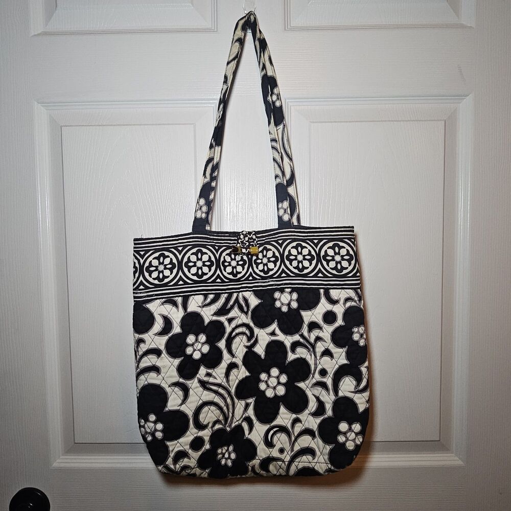 Vera Bradley Carried Away Tote Bag Black and White Night and Day Floral Purse